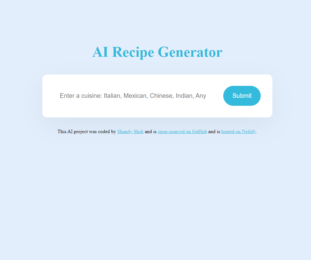 screenshot of AI receipe generator app